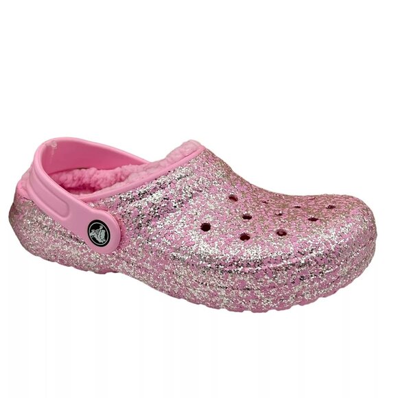 Crocs Youth Girls Slip-on Lined Clogs Sz 3 (J3) Pink Glitter Faux Fur Fuzzy Warm - Picture 4 of 14